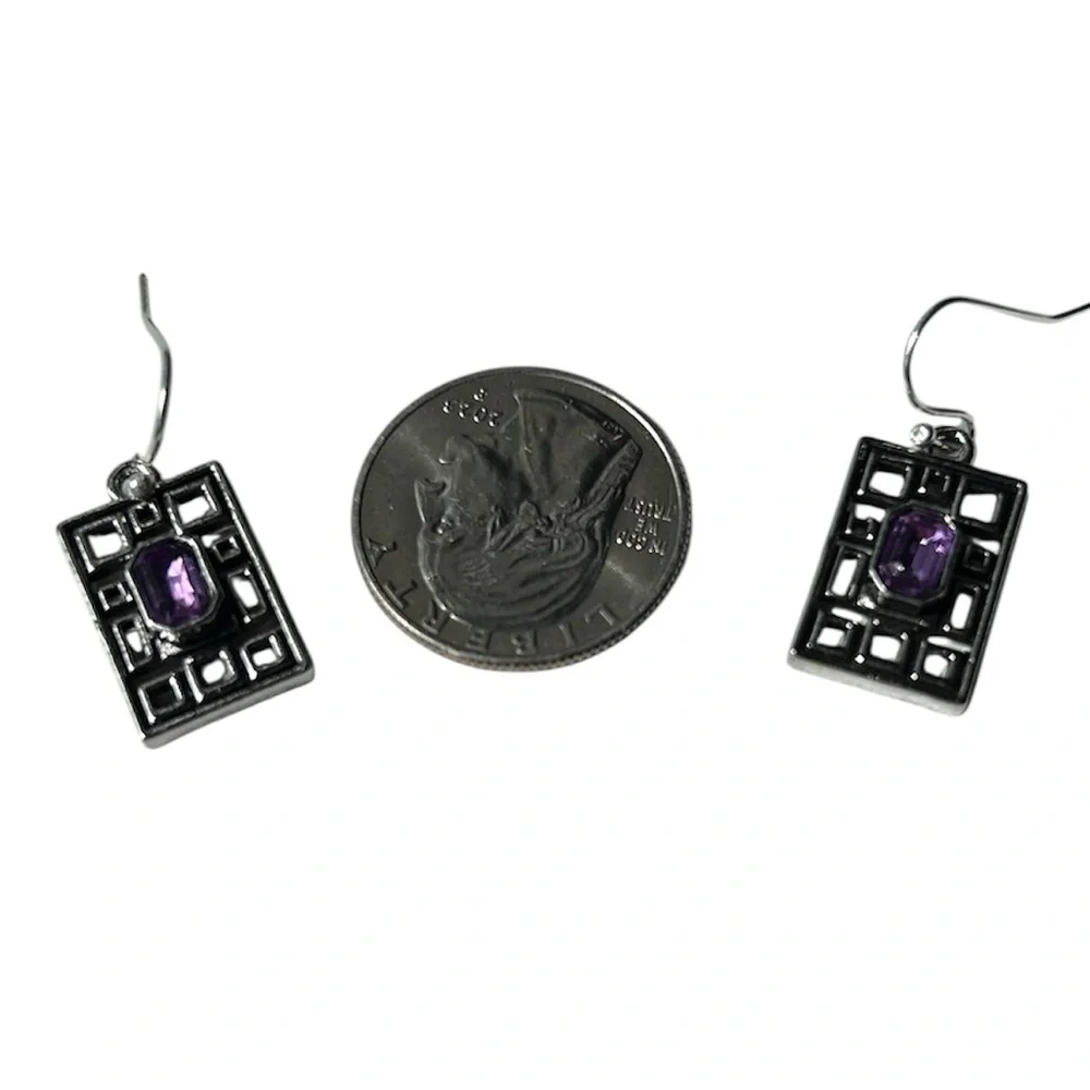 New Silver Amethyst Geometric Dangle Earrings